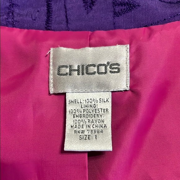 Chico's 100% Silk Embroidered Purple Blazer with Open Front - Picture 6 of 11